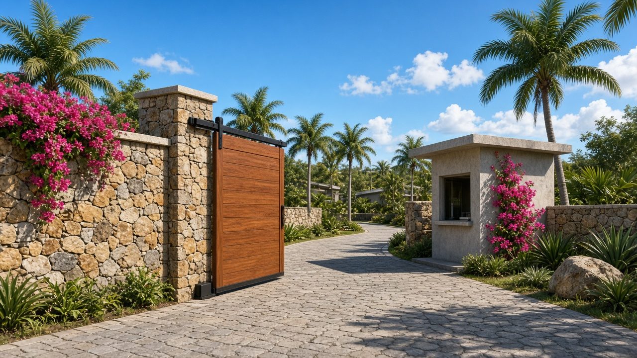 Stone-and-timber entrance gate with a guardhouse and palms