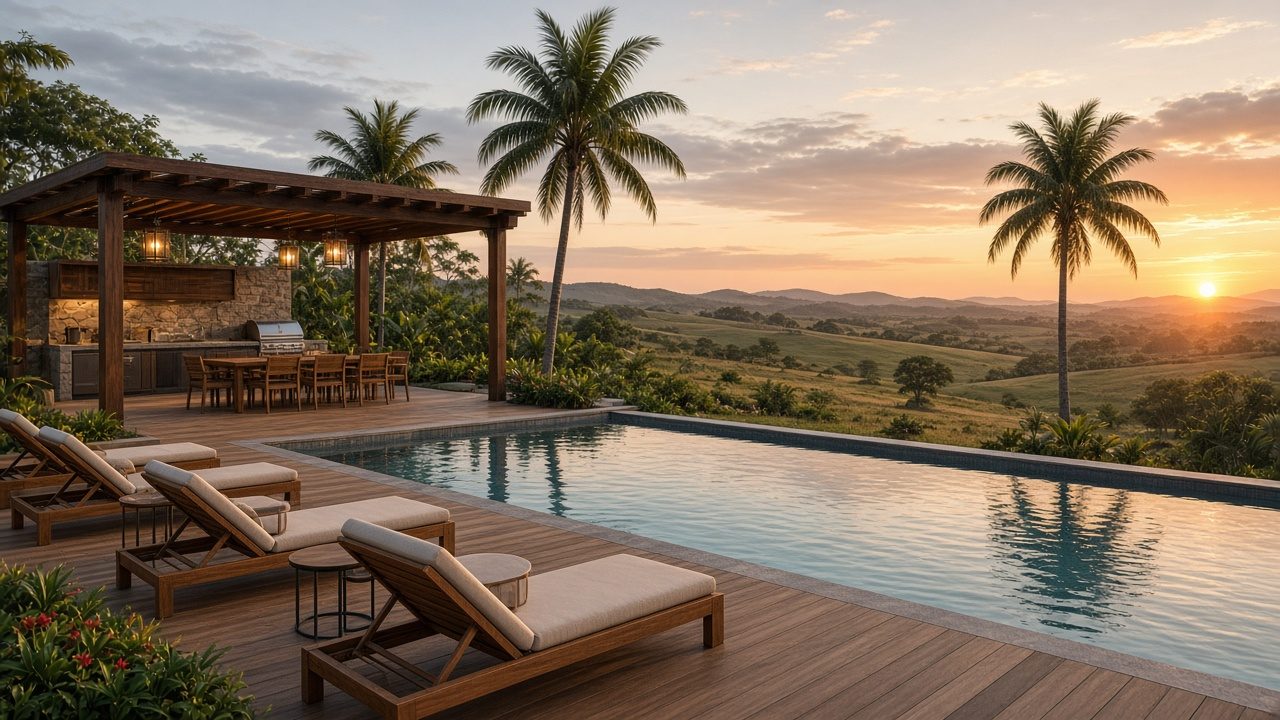 Social pool and ranchito at sunset