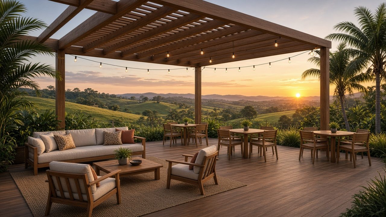 Covered terrace with lounge seating overlooking the pastures at sunset
