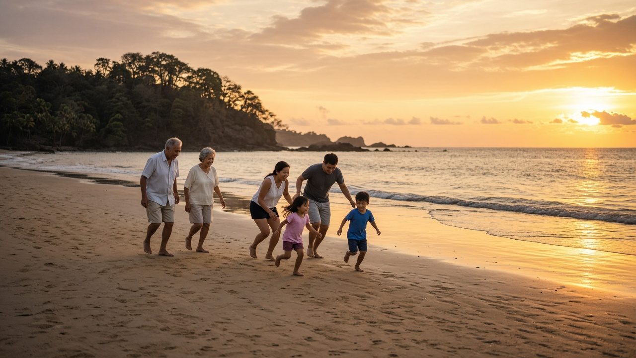 Grandparents and grandchildren walking on the beach at sunset