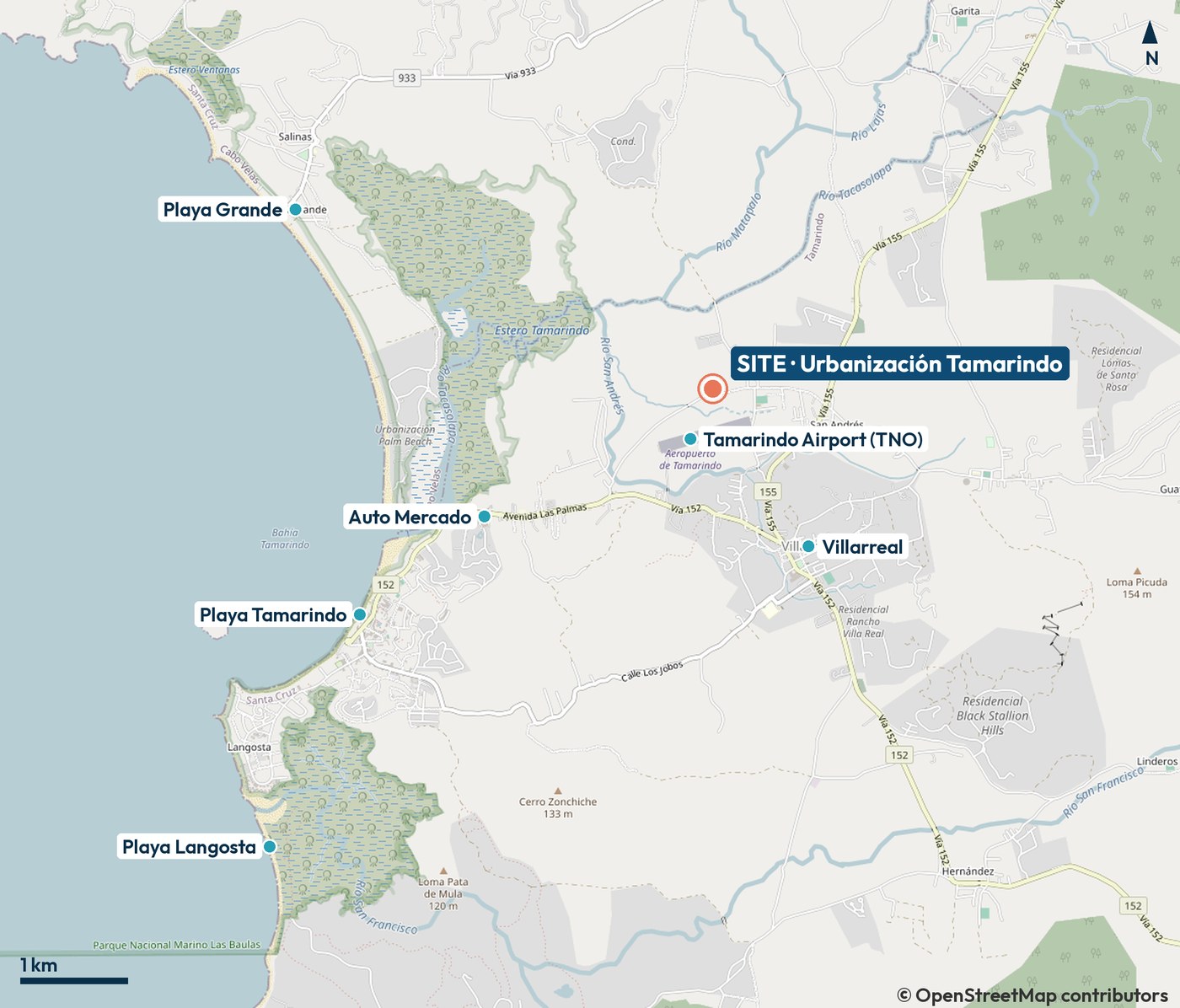 Map showing the Urbanización Tamarindo site beside Tamarindo Airport, with Villarreal, Auto Mercado and nearby beaches
