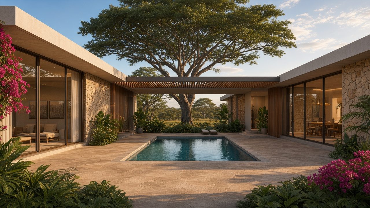The Llano Courtyard: single-level home wrapped around a private courtyard with a pool and a mature tree