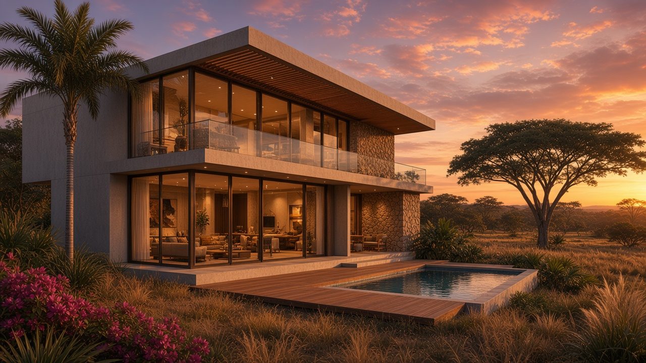 The Llano Loft: compact two-level home with a mono-pitch roof and teak sun-screens at dusk