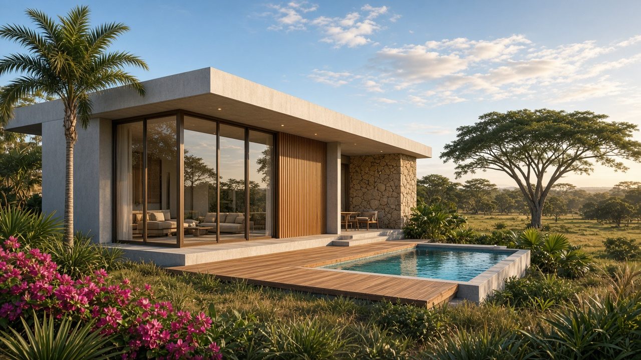 The Llano One: single-level home with a butterfly roof, glass walls and a plunge pool