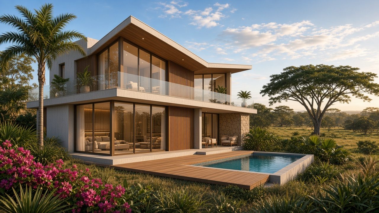 The Llano Two: two-level home with flat roofs, balconies and double-height glass